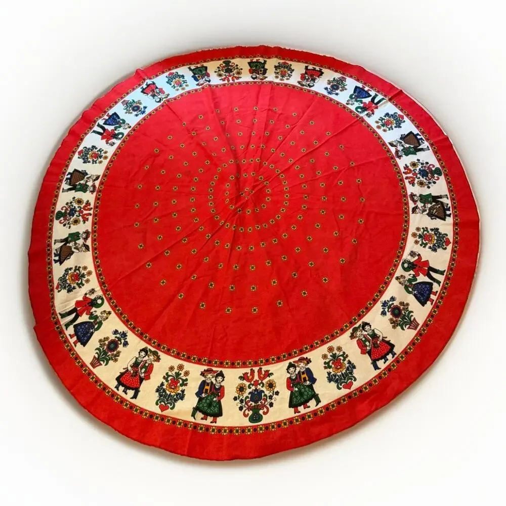 Vintage Austrian Folk Art Round Tablecloth 62” Red Floral DELLA TORRE 3757/20
